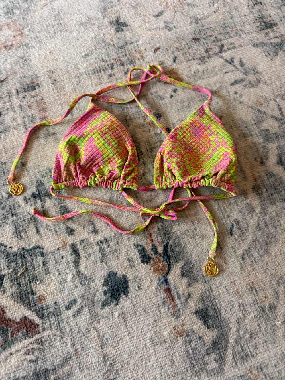 Luli Fama Neon Pink & Lime Green Smocked Triangle Bikini Top